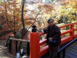 庭園の太鼓橋の上で記念撮影したところ。周りは色とりどりの紅葉